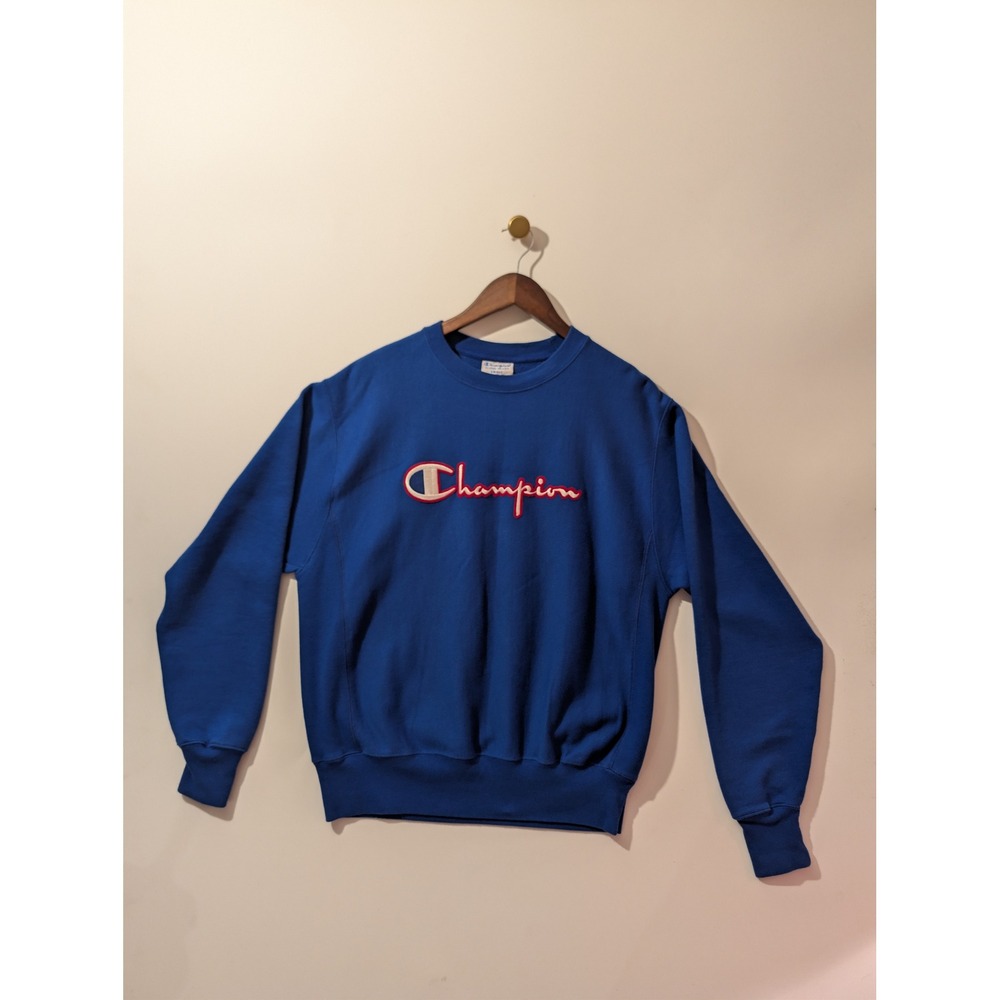 Champion Reverse Weave Sweatshirt Mens Small Blue Excellent Script Logo Pullover